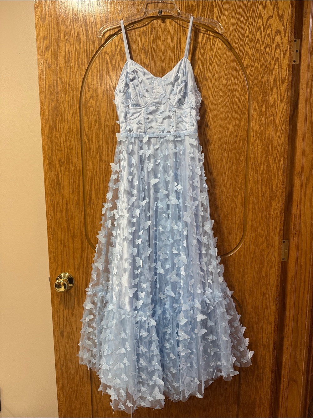 AKIRA Light Blue Midi Spaghetti Strap Floral Appliqué Dress